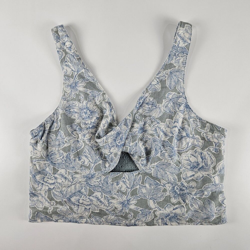 Abercrombie & Fitch Floral Linen Viscose Twist Front Cut-Out Cropped Tank L